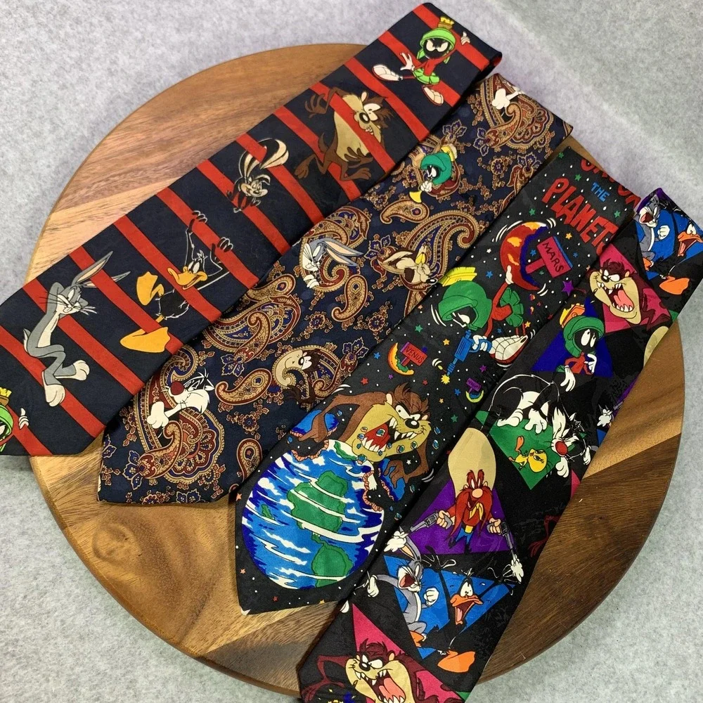 Vintage Looney Tunes Mania Tie Lot Men Set of 4 Marvin Martian Taz Bugs 90s Silk
